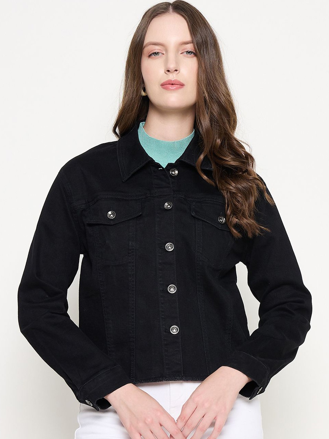 

Madame Women Spread Collar Solid Cotton Casual Denim Jacket, Black