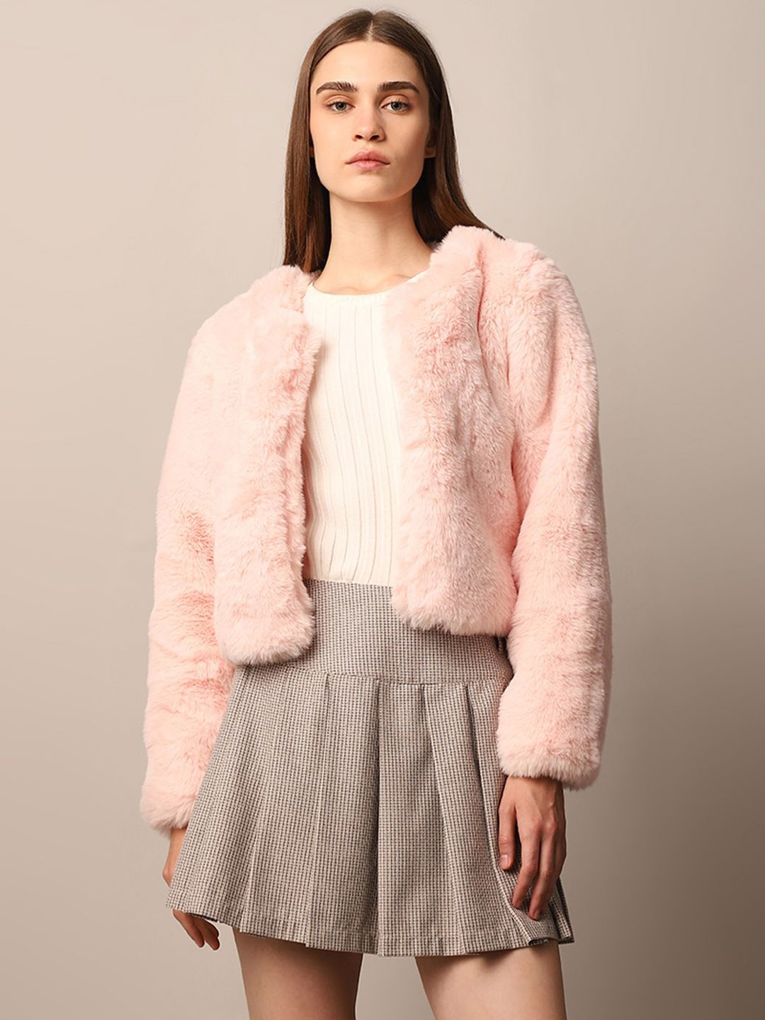 

ONLY Women Collarless Self Design Faux Fur Casual Tailored Jacket, Pink