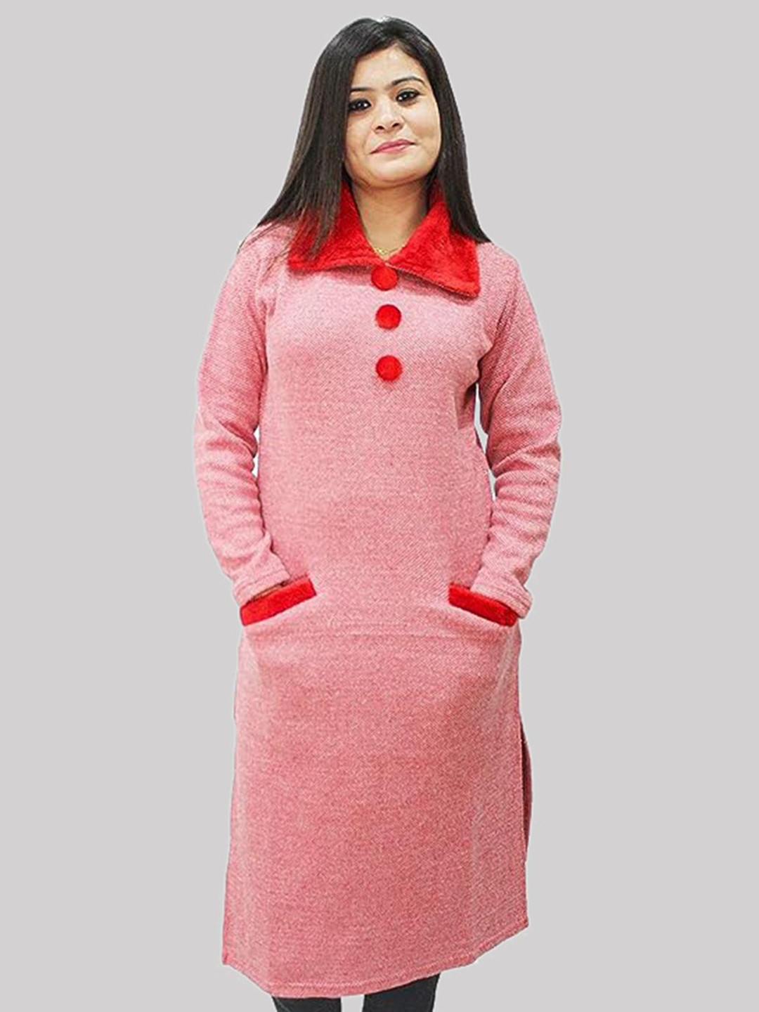 

Hautemoda Women Shirt Collar Woolen Straight Kurta, Pink