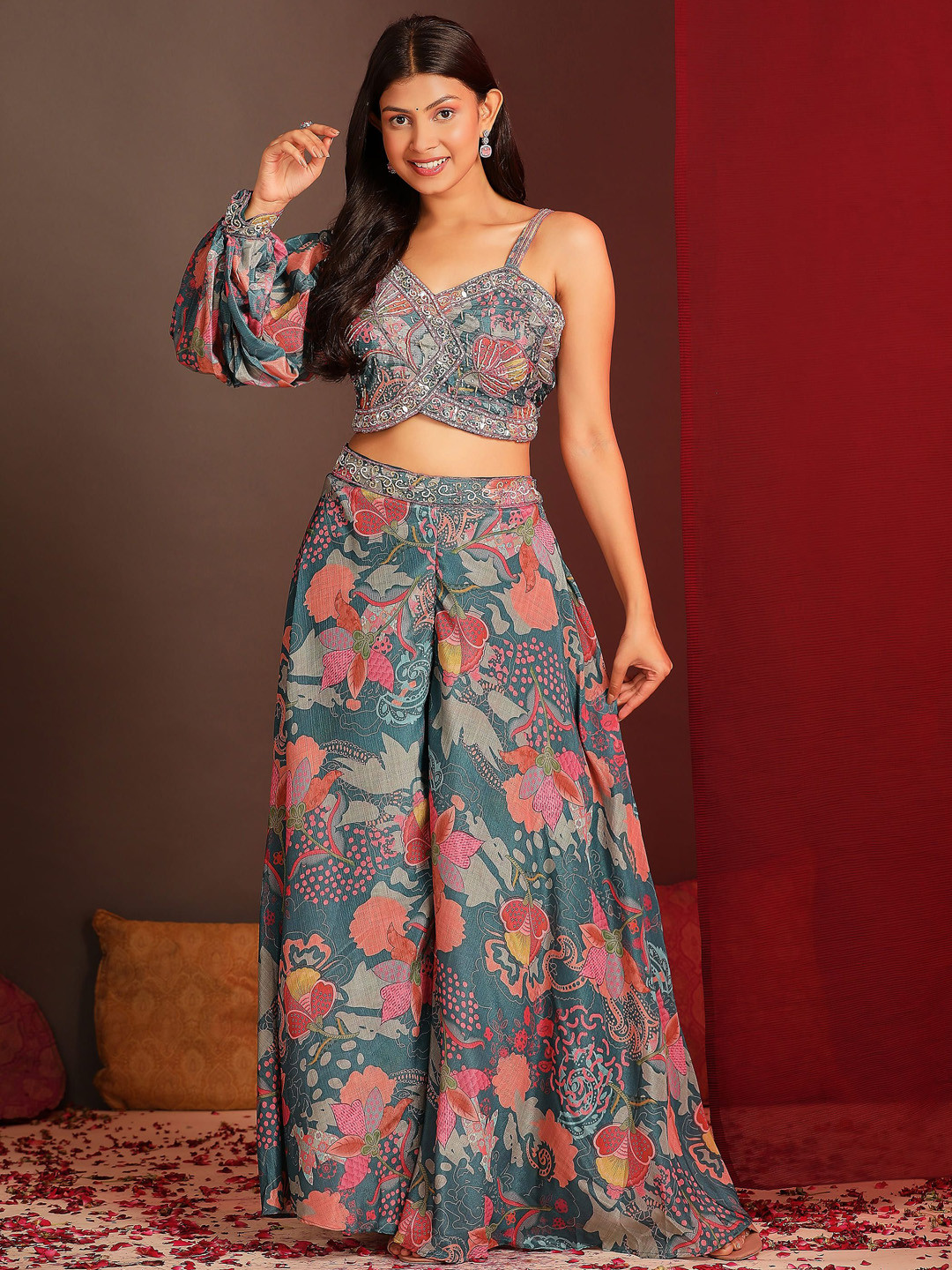 

AMOHA TRENDZ Embroidered Chinnon Silk Crop Top & Palazzo With Dupatta, Teal