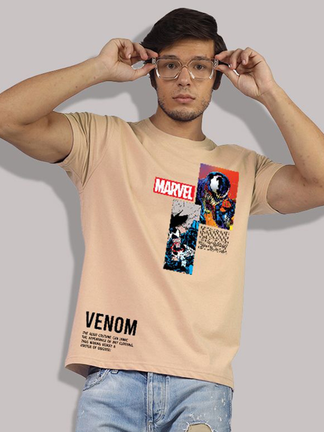 

Greylongg Men Graphic Printed Round Neck Cotton Venom T-shirt, Beige