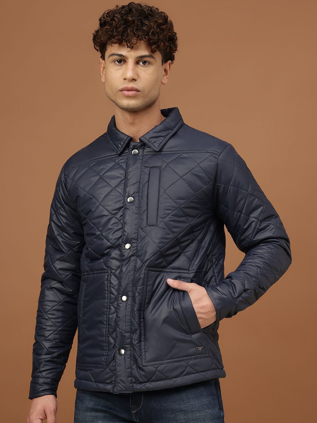 

Richlook Men Spread Collar Solid Casual Quilted Jacket, Navy blue