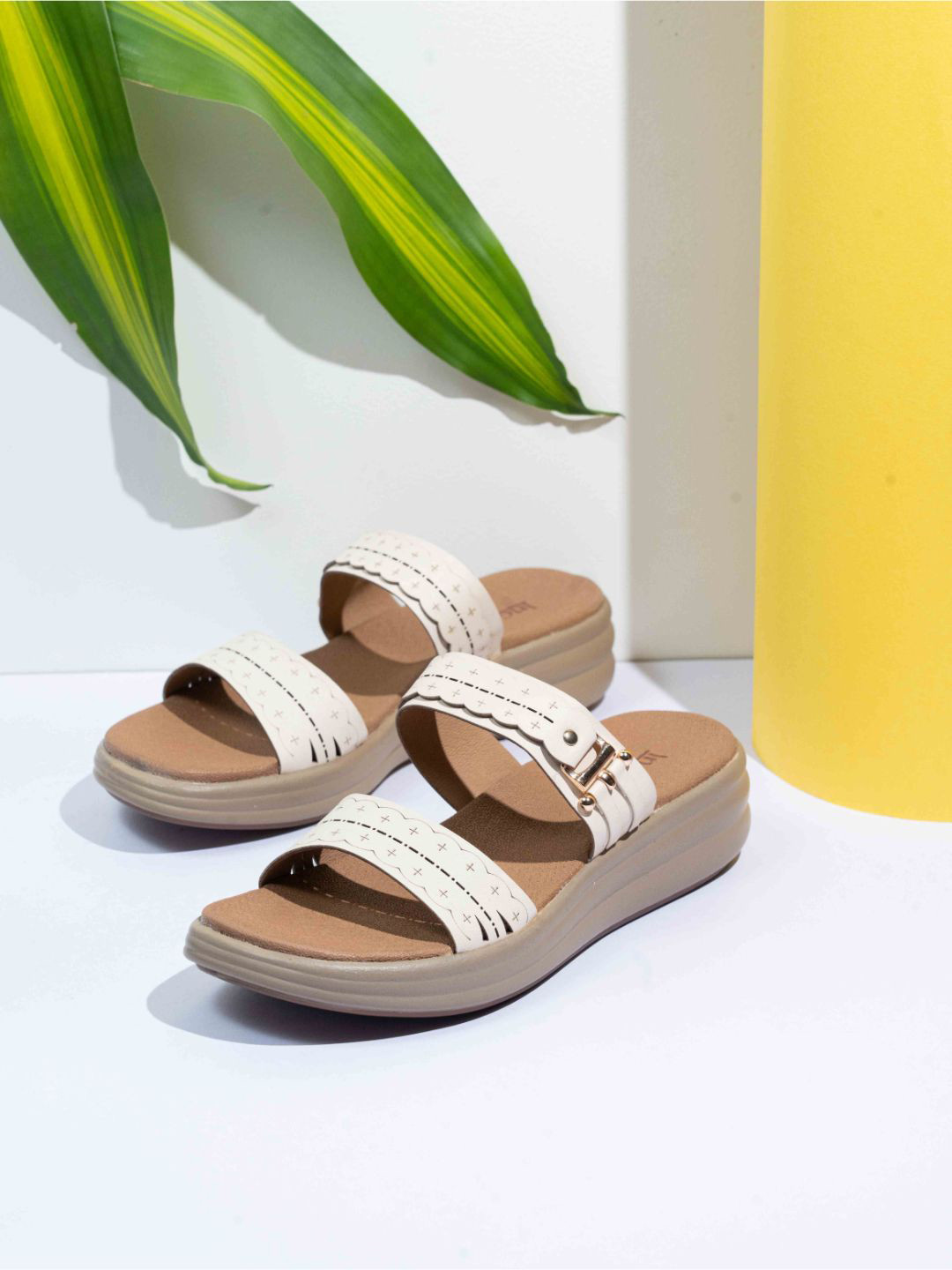 

Inc 5 Women Textured Open Toe Flats with Laser Cuts, Cream
