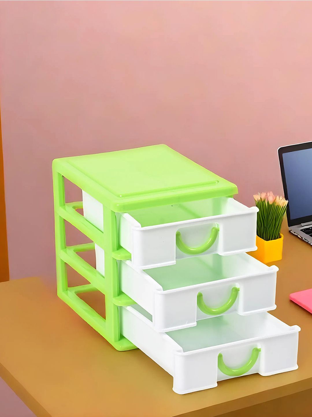 

Kuber Industries White & Green 2 Pieces Reusable 3-Tier Desk Holder Drawer Organiser