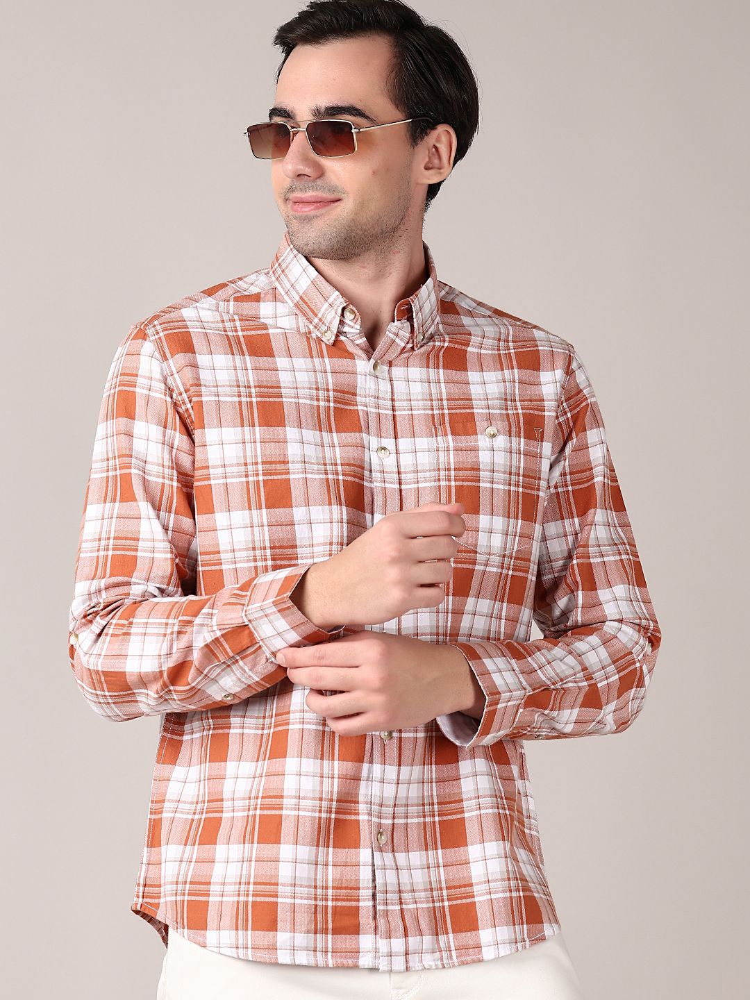 

V-Mart Men Spread Collar Tartan Checked Cotton Casual Shirt, Rust