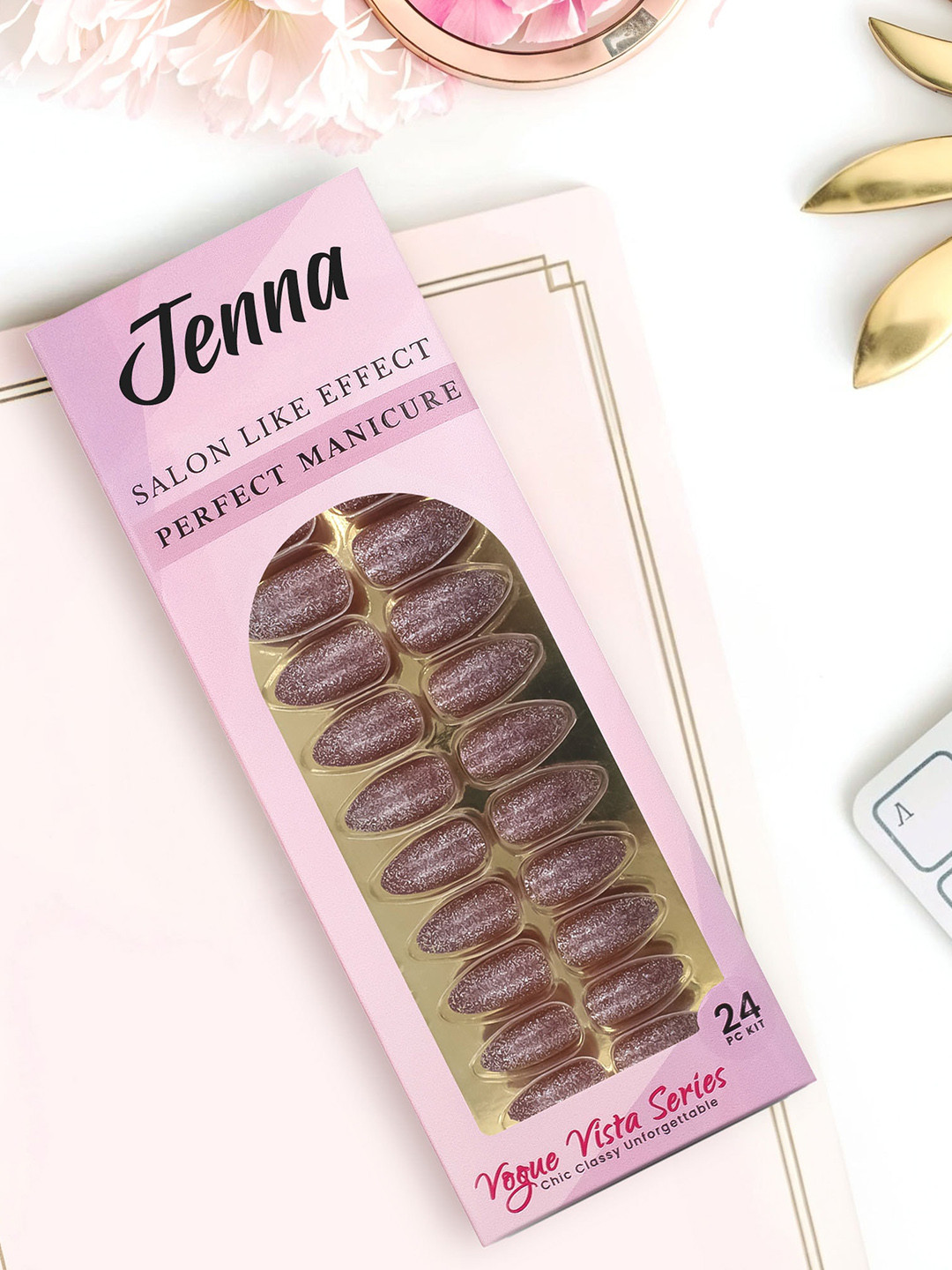 

JENNA Set Of 24 French Tip Press On Acrylic Almond Shape Artificial Nails - Brown
