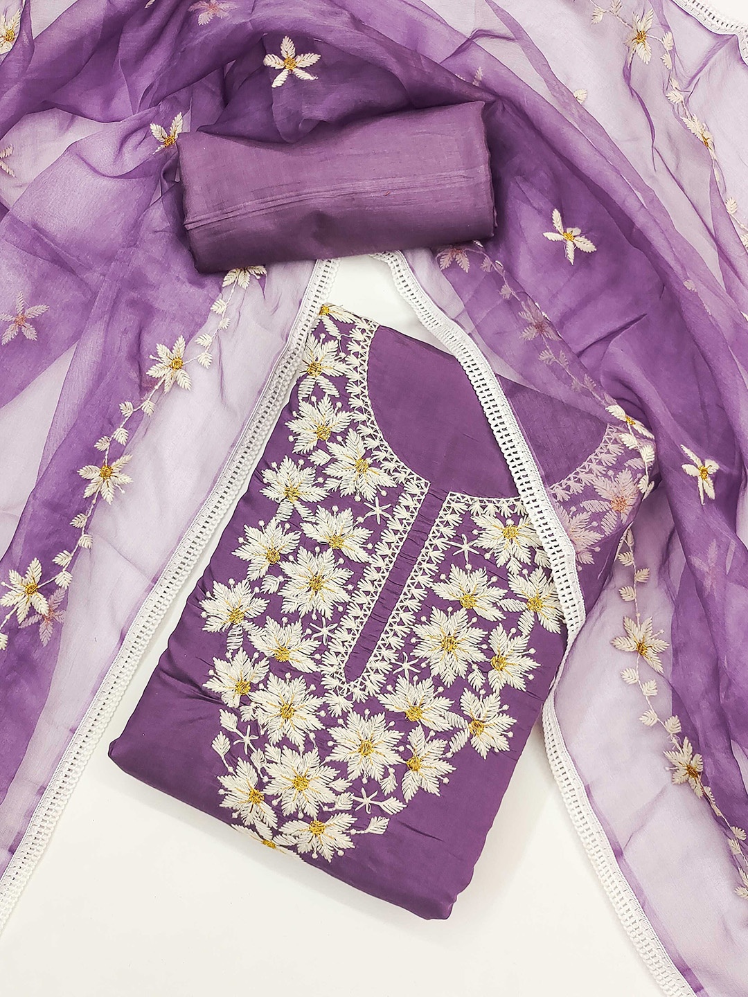 

Panzora Floral Embroidered Thread Work Unstitched Dress Material, Purple