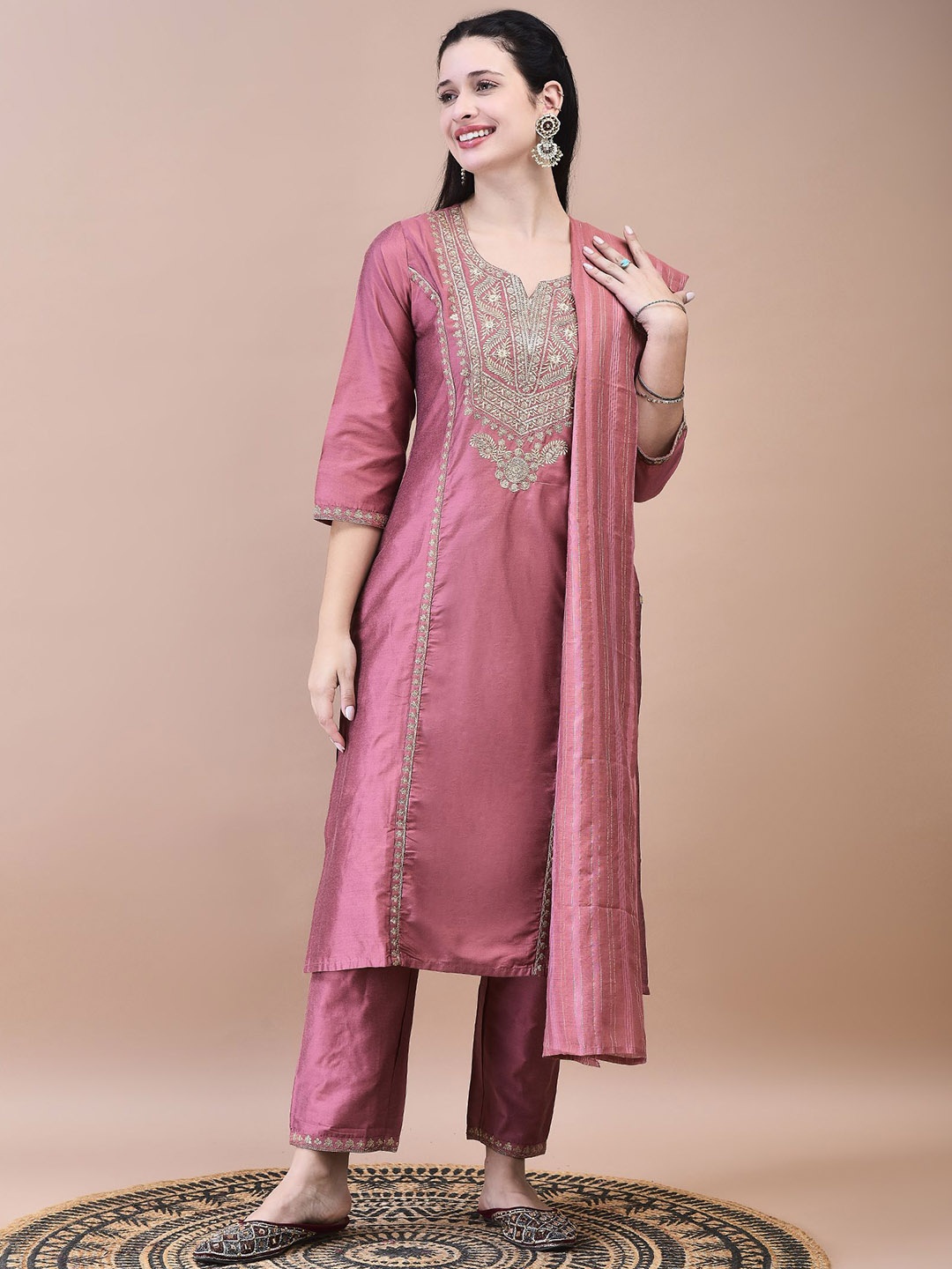 

Shree Floral Embroidered Straight Kurta with Trousers & Dupatta, Pink