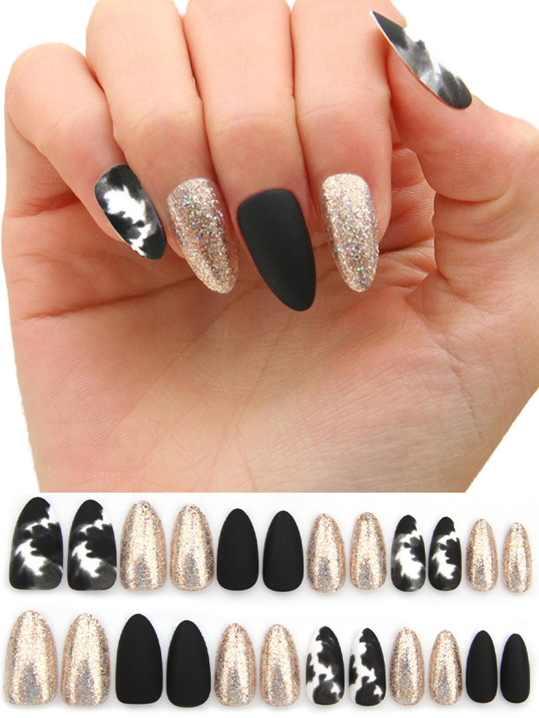 

Secret Lives 24-Pcs Matte & Glitter Finish Fake Nails, Gold