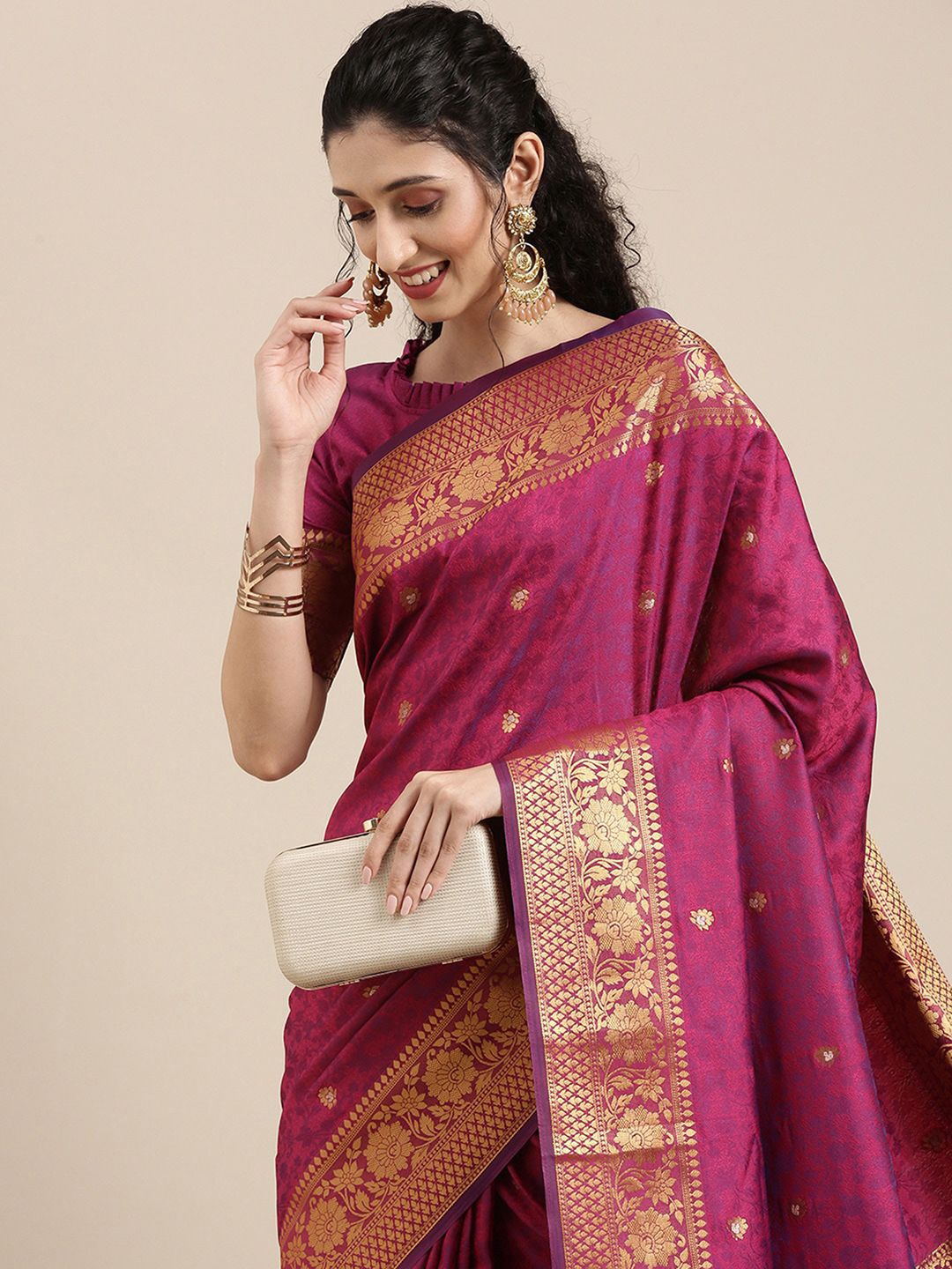 

House of Pataudi Floral Woven Design Banarasi Silk Saree, Burgundy