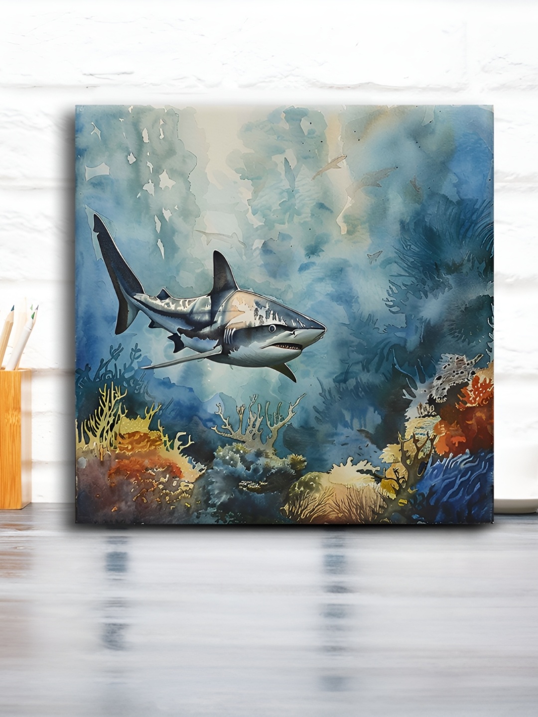 

OLIVE TREE Blue & Grey Shark Canvas Painting Wall Art