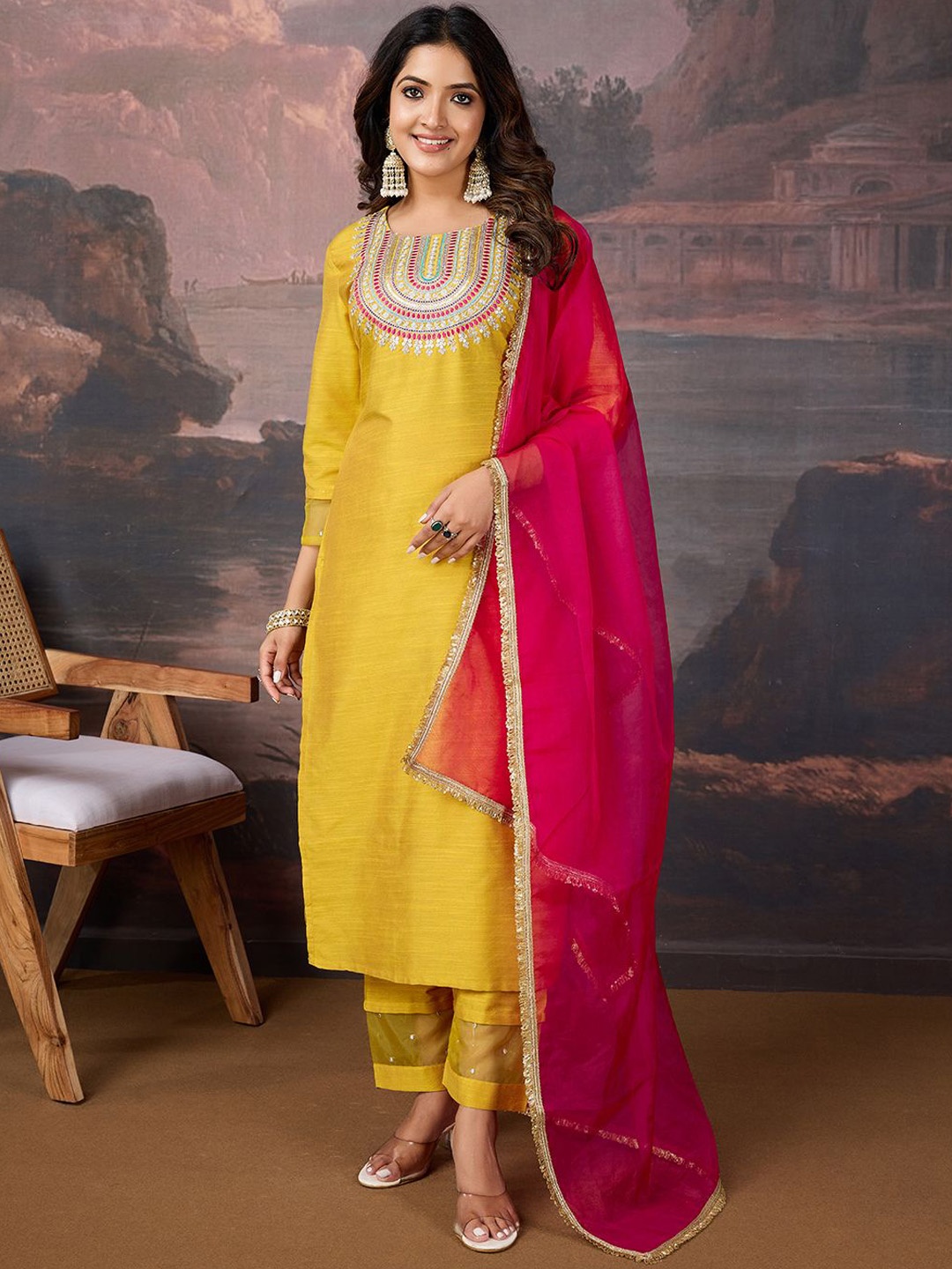 

House of Pataudi Embroidered Straight Kurta & Trousers With Dupatta, Mustard