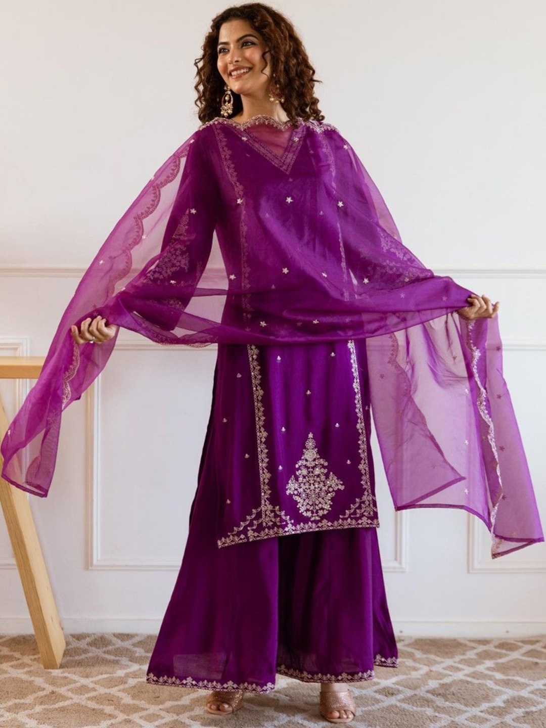 

AUTUMN LANE Floral Embroidered Regular Cotton Silk Straight Kurta with Palazzos & Dupatta, Purple