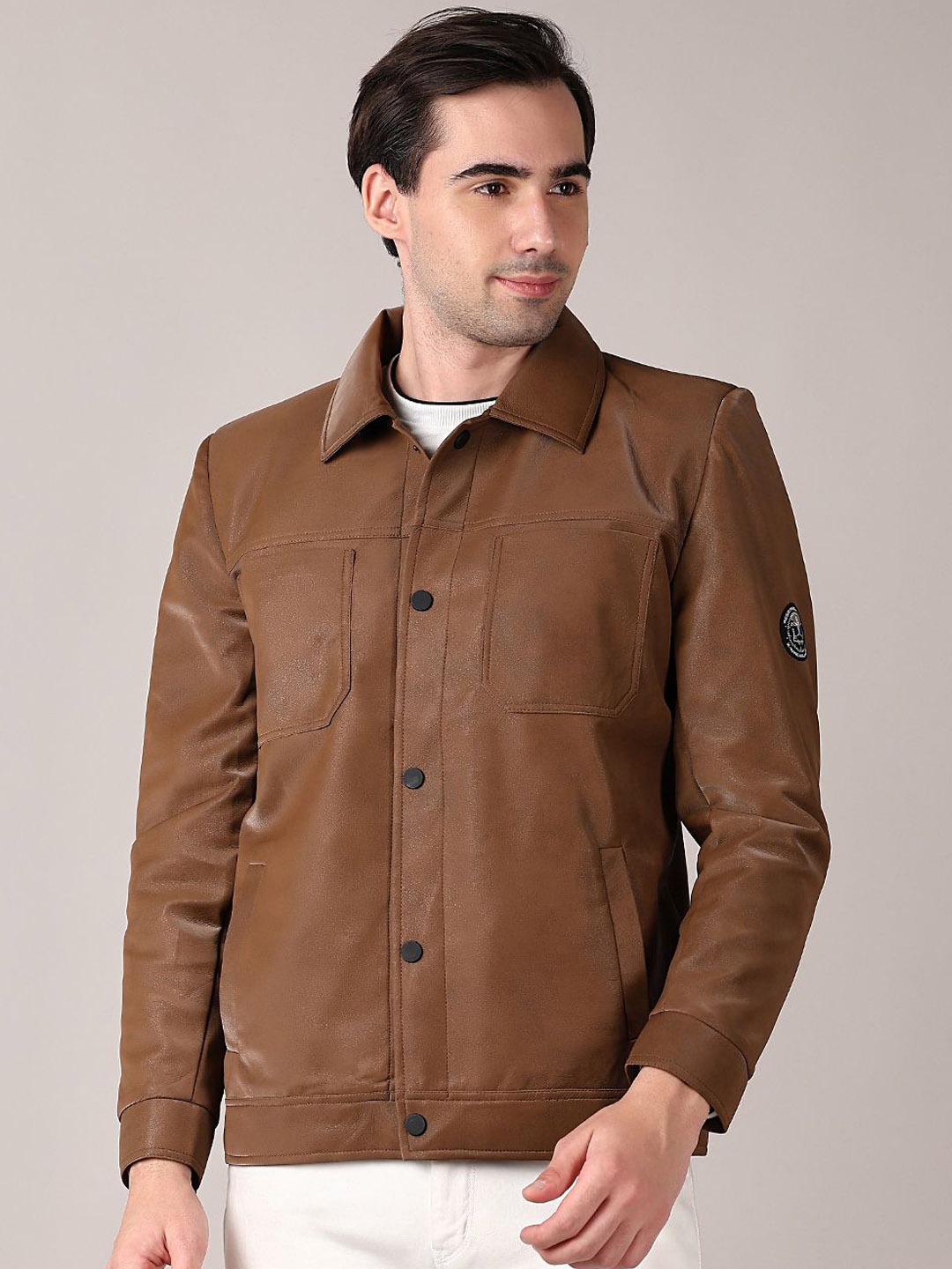 

V-Mart Men Spread Collar Solid Cotton Casual Leather Jacket, Brown