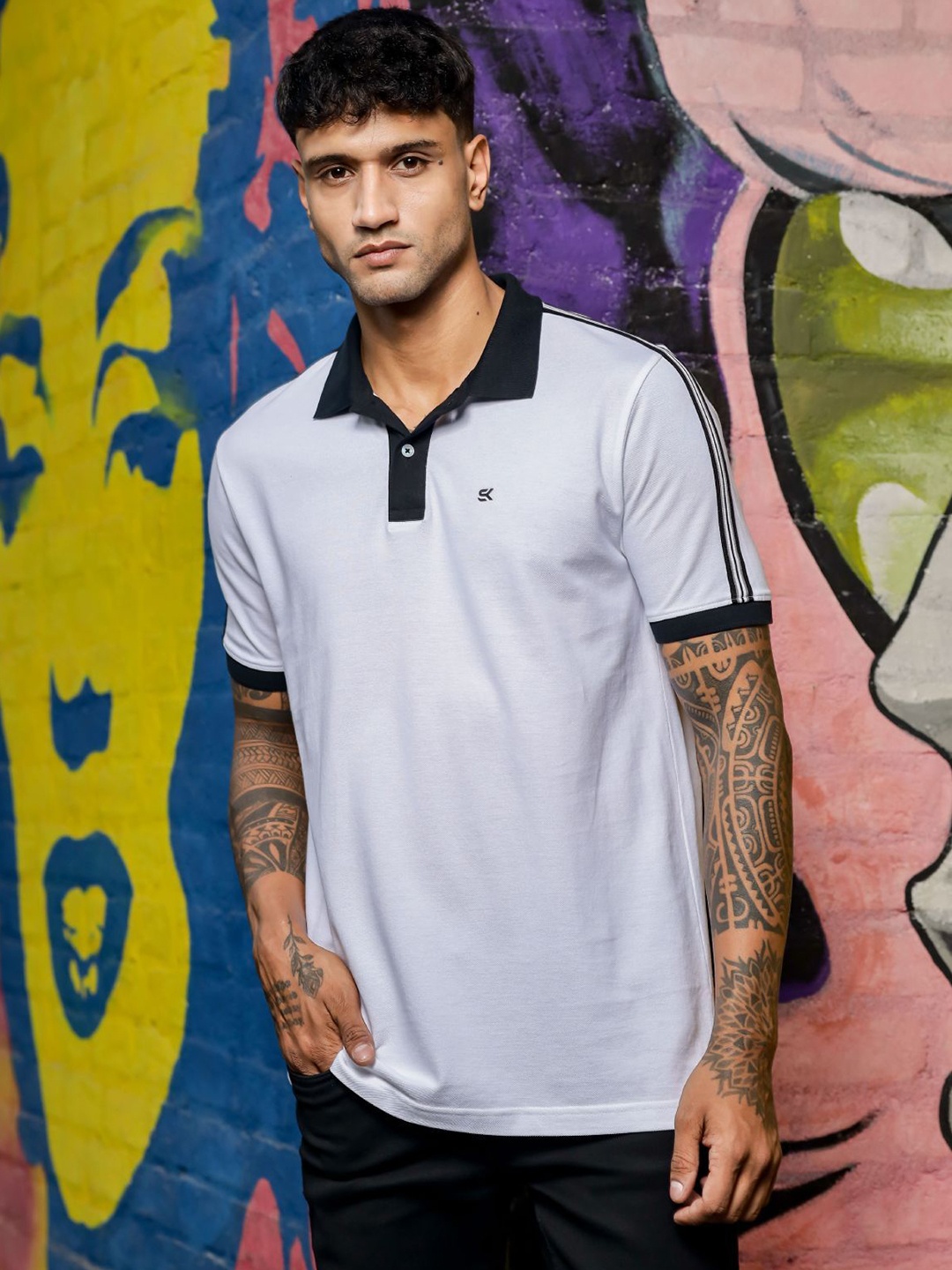 

ONE SKY Men Polo Collar Pockets T-shirt, White