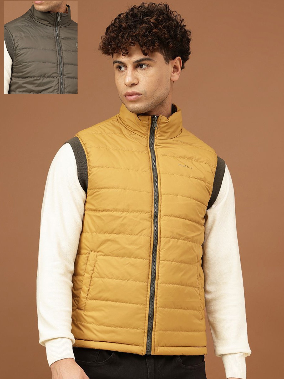 

Richlook Men Mock Collar Solid Casual Padded Reversible Jacket, Olive