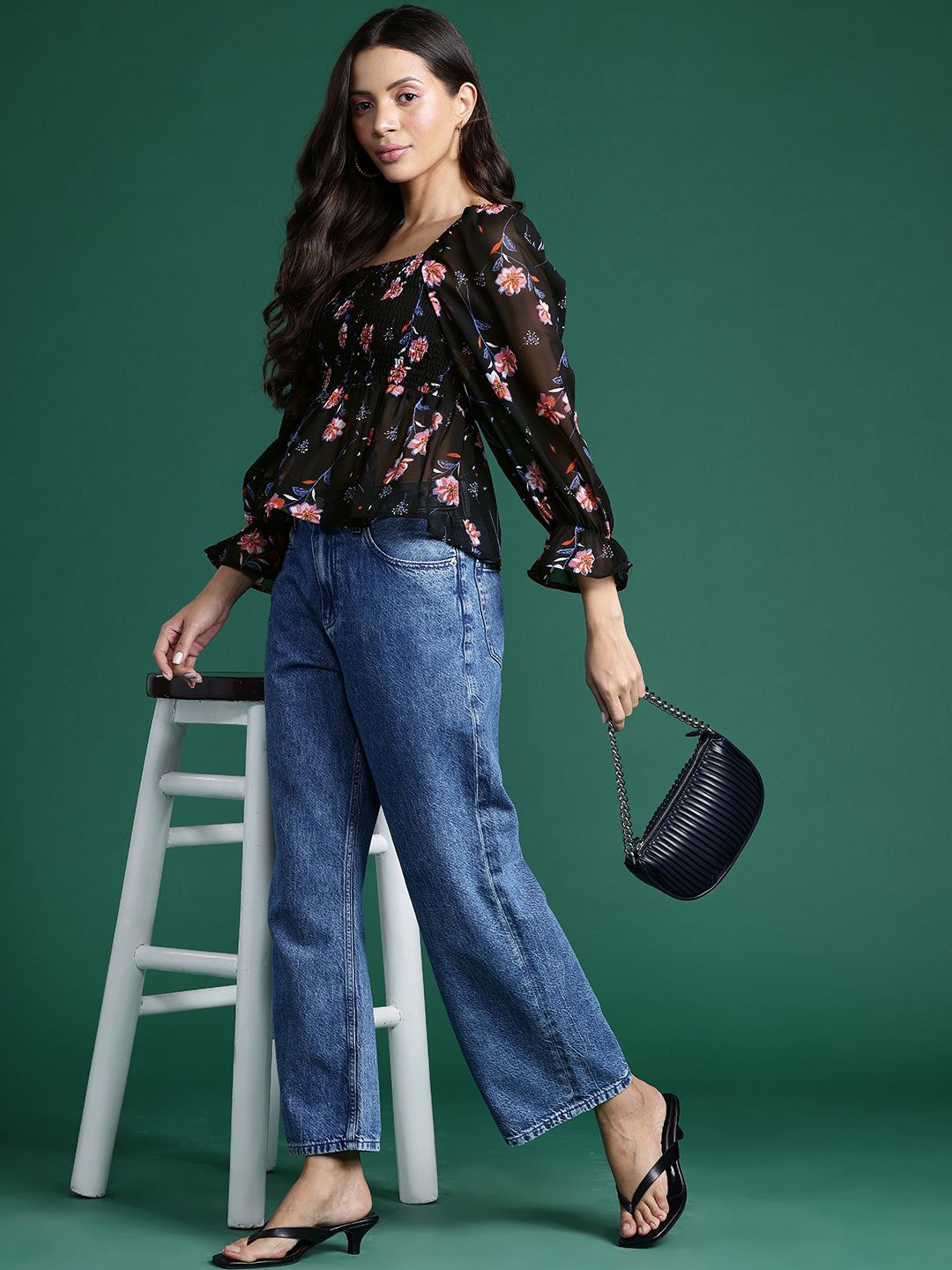 

Deewa Women Square Neck Floral Printed Puff Sleeve Top, Black