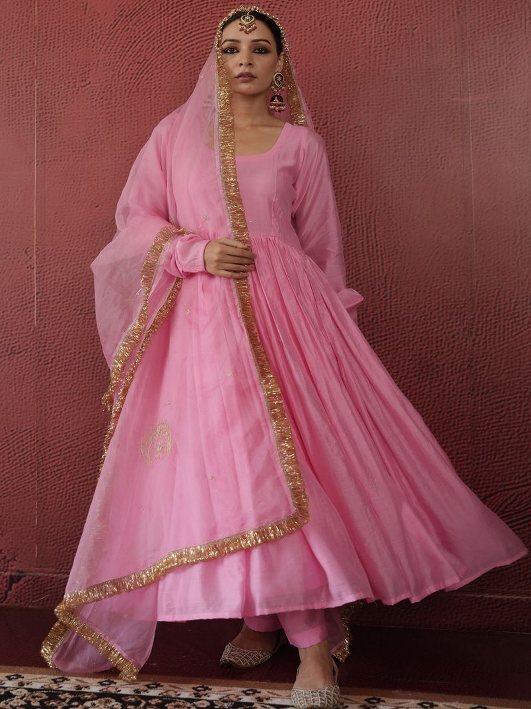 

OneWe Anarkali Chanderi Silk Kurta with Trousers & Dupatta, Pink