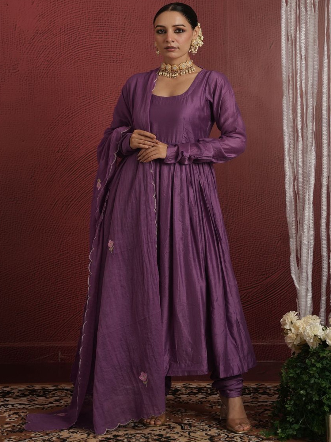 

OneWe Anarkali Chanderi Silk Aari Work Kurta with Churidar & Dupatta, Purple
