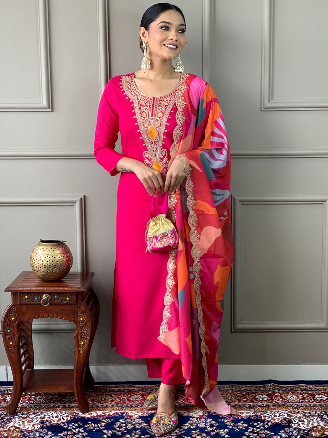 

KALINI Floral Embroidered Thread Work Kurta with Trouser & Dupatta, Pink