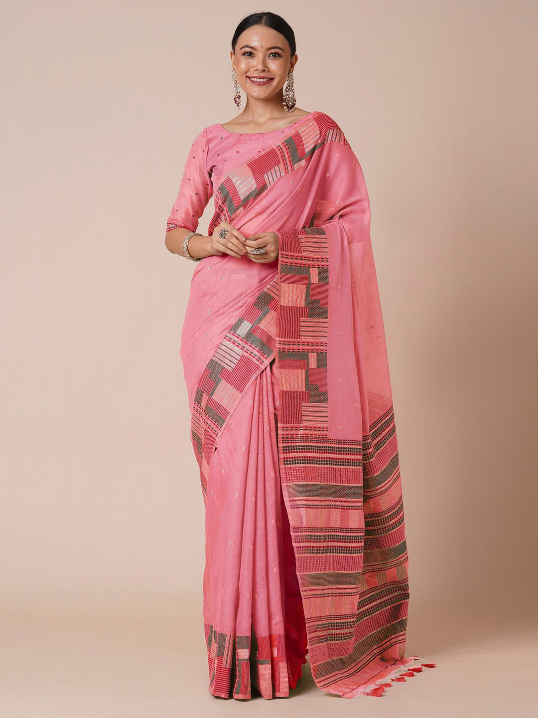 

House of Pataudi Ethnic Motif Woven Design Banarasi Silk Saree, Pink