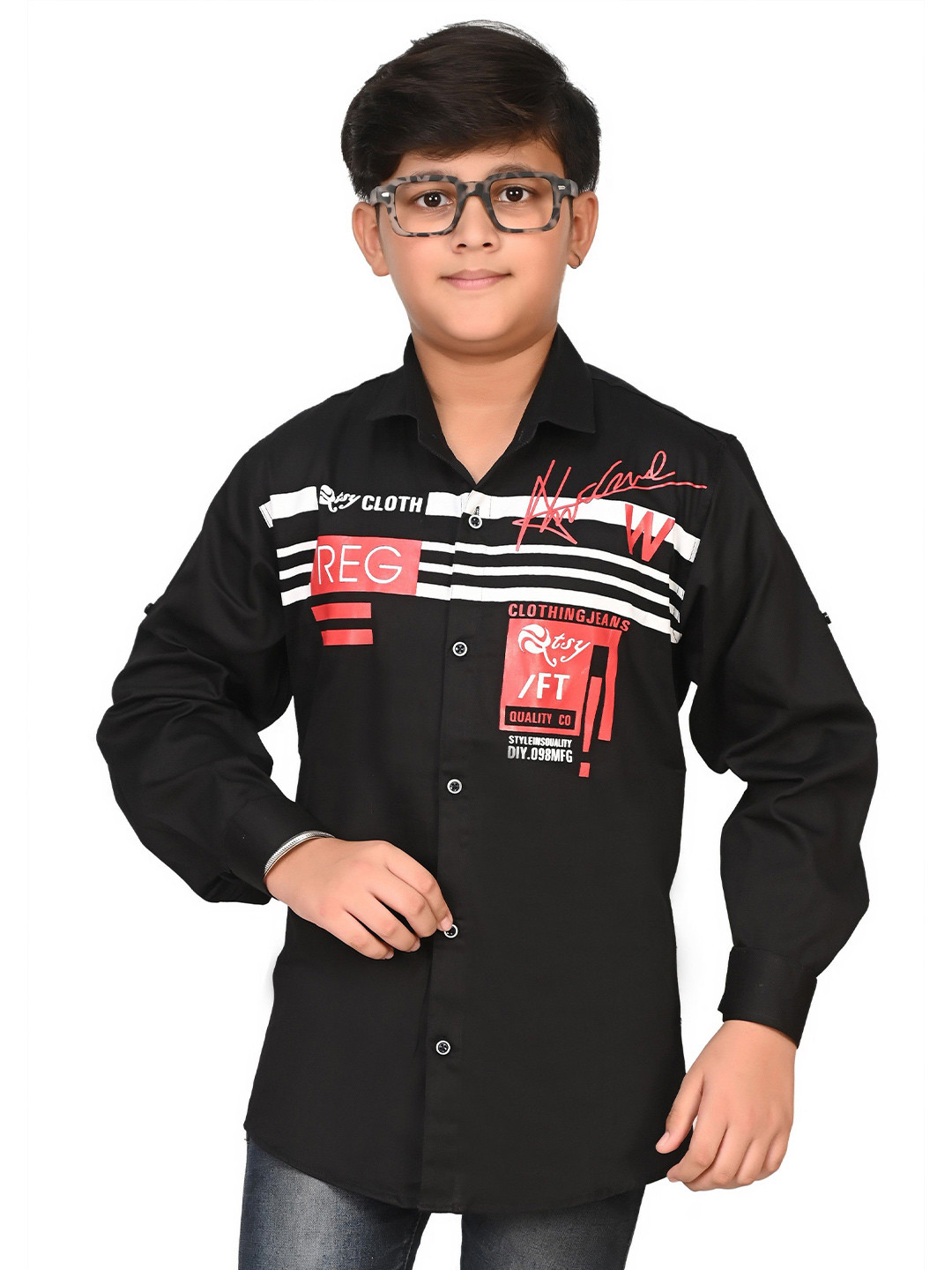 

Eliq Boys Spread Collar Typography Printed Cotton Casual Shirt, Black