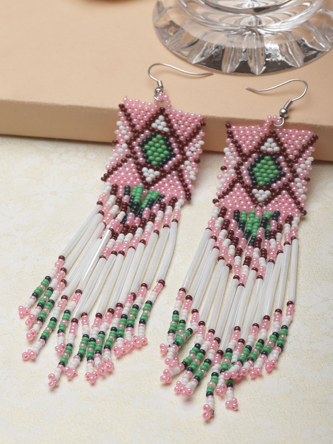 

Anouk Pink Silver-Plated Beaded Contemporary Drop Earrings