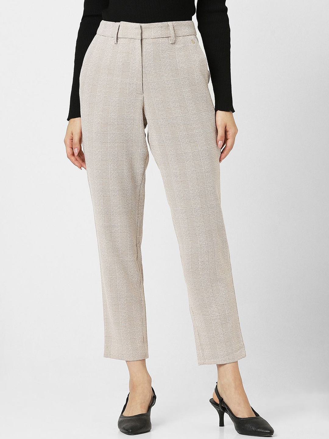 

Van Heusen Woman Women Checked Regular Fit Trousers, Beige