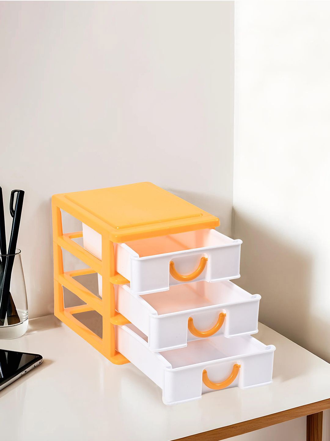 

Kuber Industries White & Yellow Reusable 3-Tier Drawer Stationary Organiser