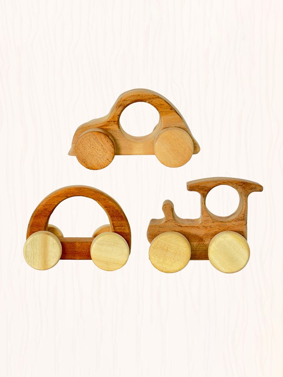 

LITTLE GINNIE Set of 3 Tractor, Nano & Motor Wooden Wheel Toys, Brown