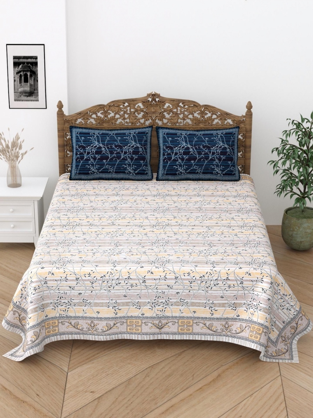 

HOME HEAVENS Navy Blue & Beige Floral 250 TC Queen Bedsheet with 2 Pillow Covers