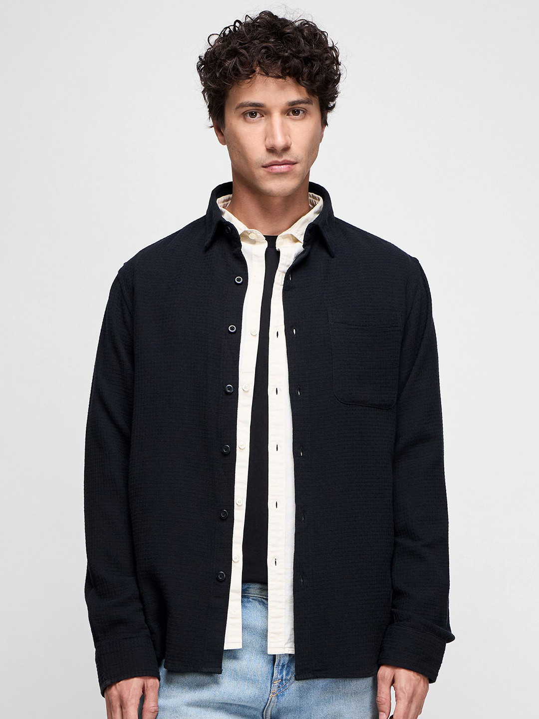 

Red Flame Men Spread Collar Textured Cotton Casual Shirt, Black