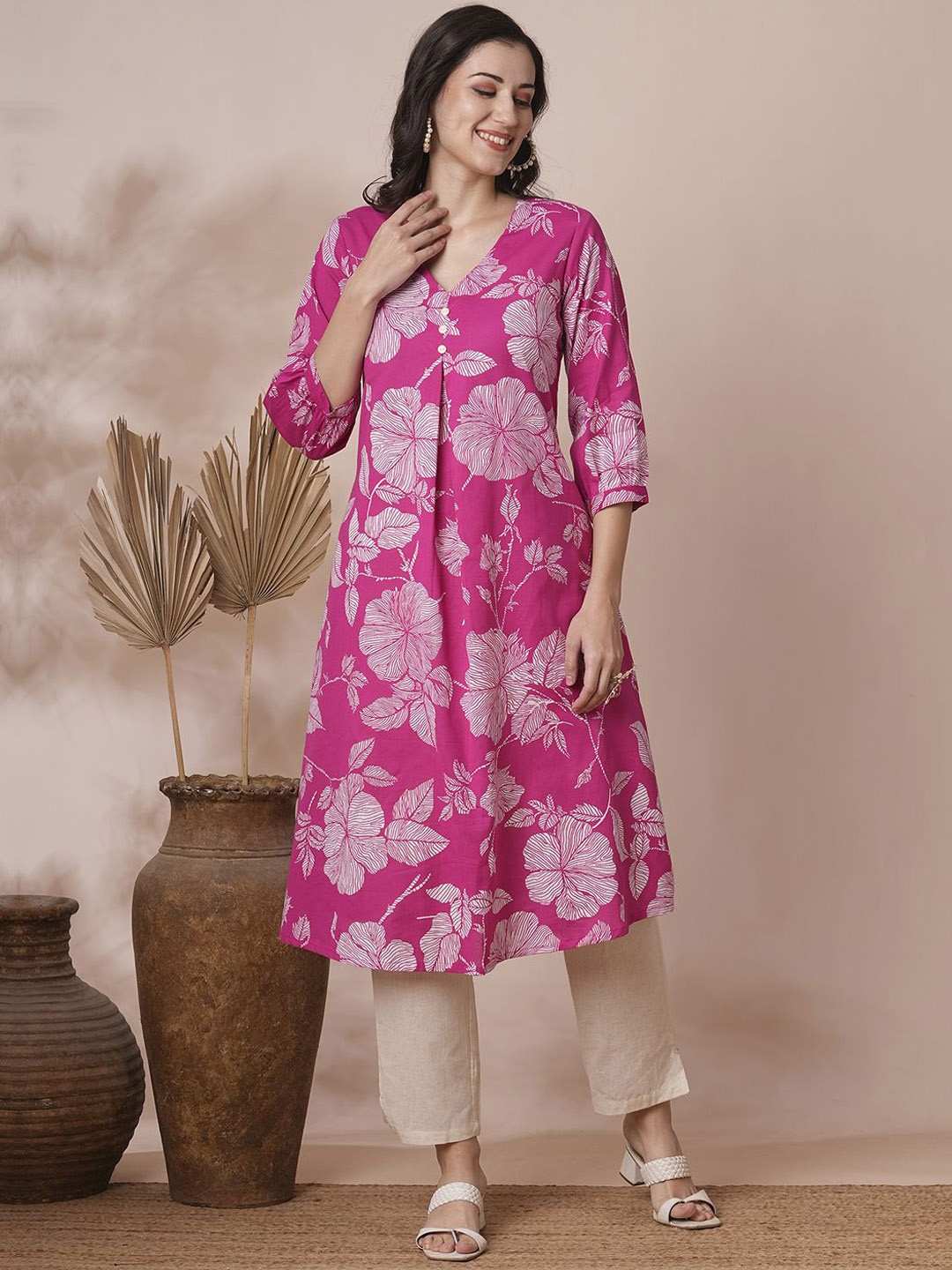 

KALINI Floral Printed Pleated Pure Cotton Kurta with Trouser, Pink