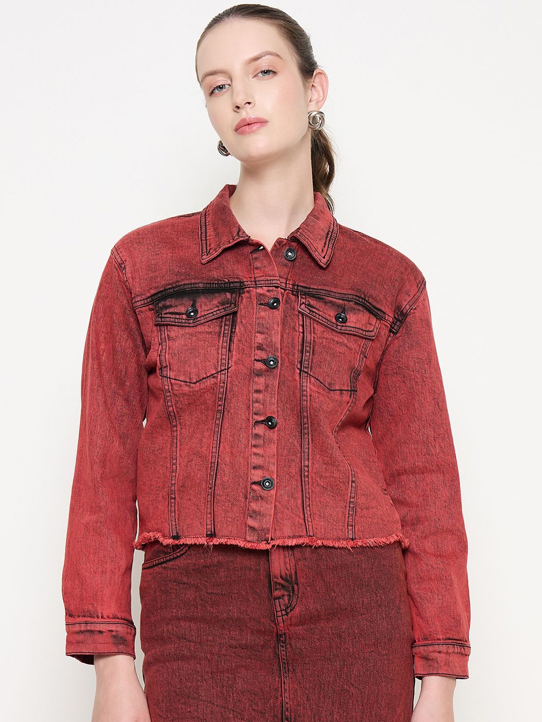 

Madame Women Spread Collar Washed Solid Cotton Casual Denim Jacket, Red