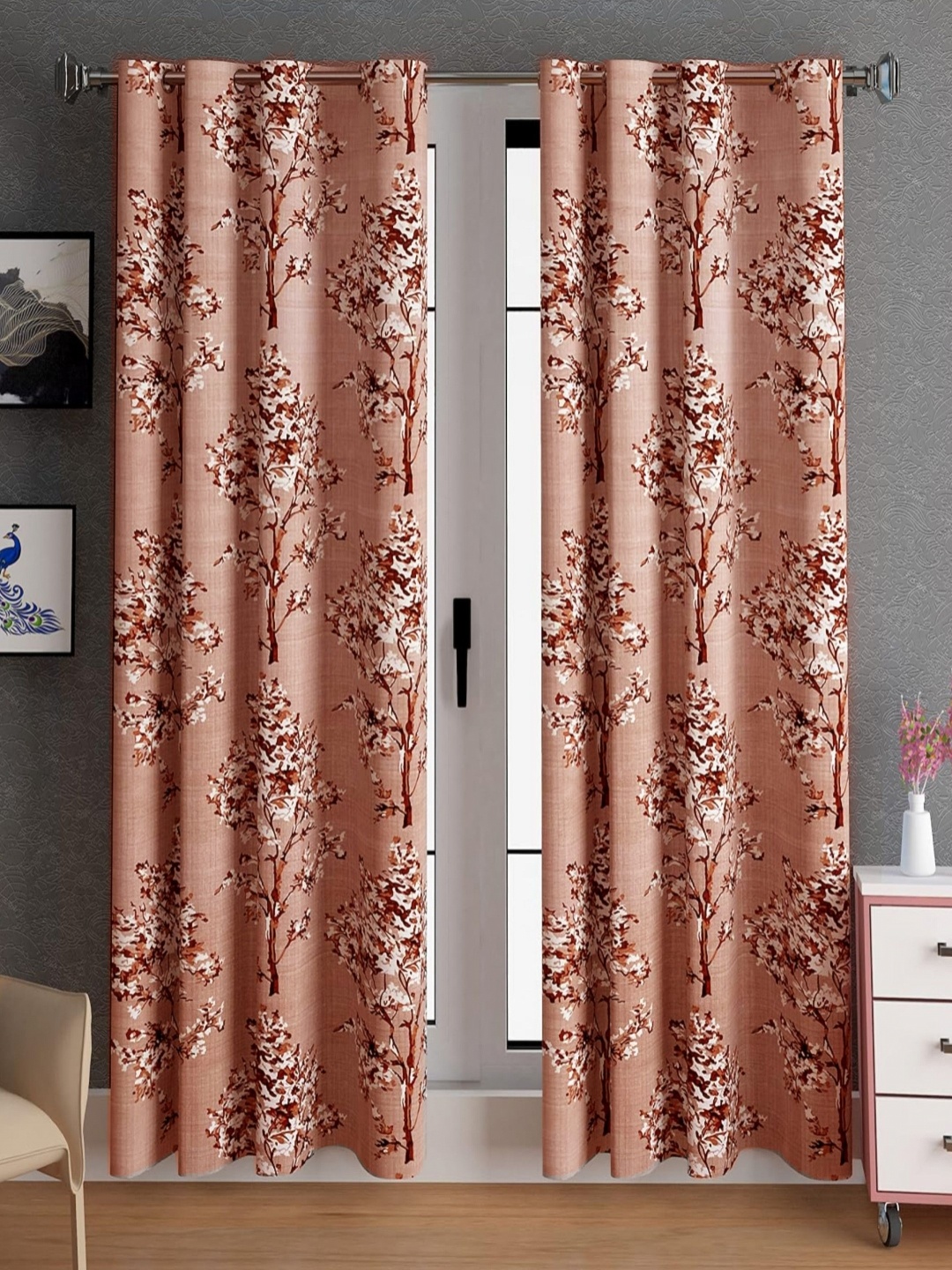 

Lunar Days Brown & White 2 Pieces Floral Room Darkening Door Curtains