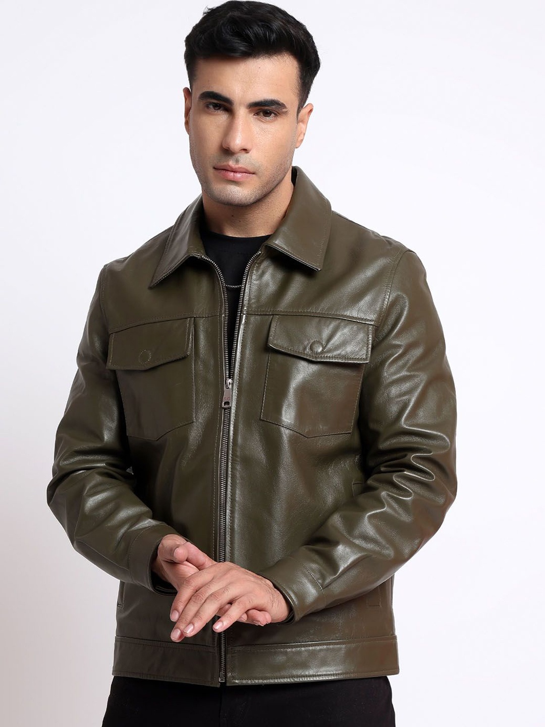 

Saint G Men Satin Water Resistant Leather Jacket, Olive