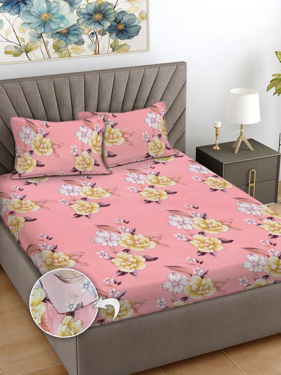 

FABINALIV Pink & White Floral Print 300 TC Fitted King Bedsheet & 2 Pillow Covers