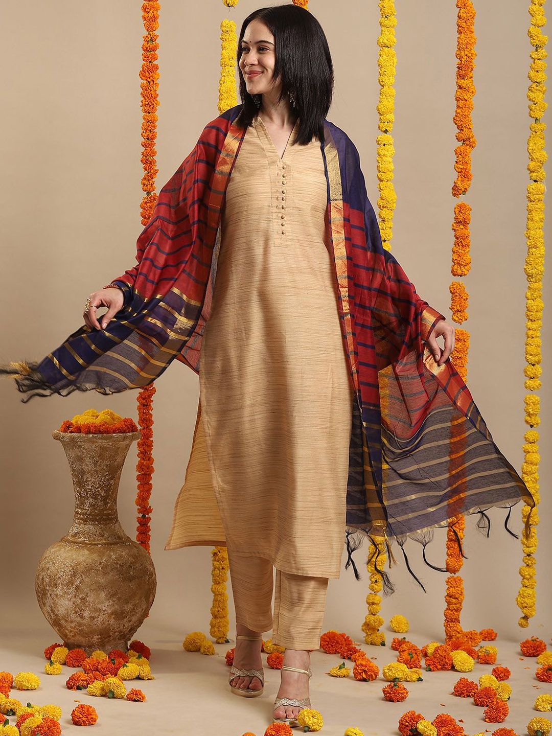 

GoSriKi Mandarin Collar Straight Kurta With Trousers & Dupatta, Beige