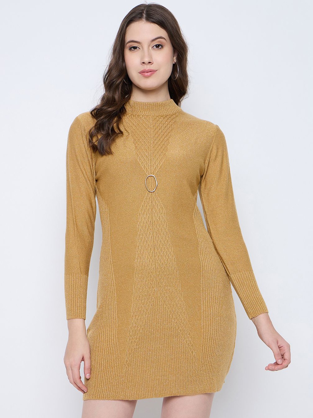 

Knitstudio Women Self Design Long Sleeves Bodycon Dress, Mustard