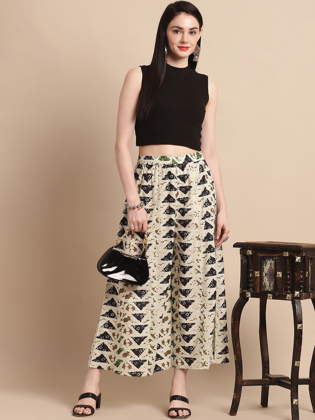 

Pistaa Women Geometric Printed Cotton Flared Ethnic Palazzos, Cream