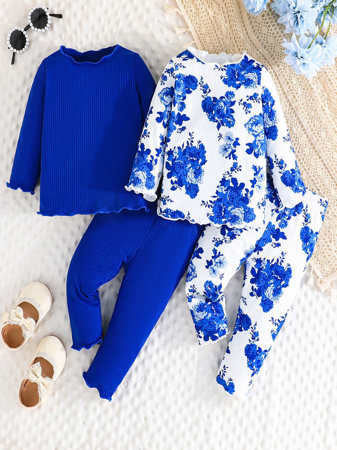 

INCLUD Girls Pack Of 2 Printed Round Neck Long Sleeves T-Shirt With Trouser, Blue