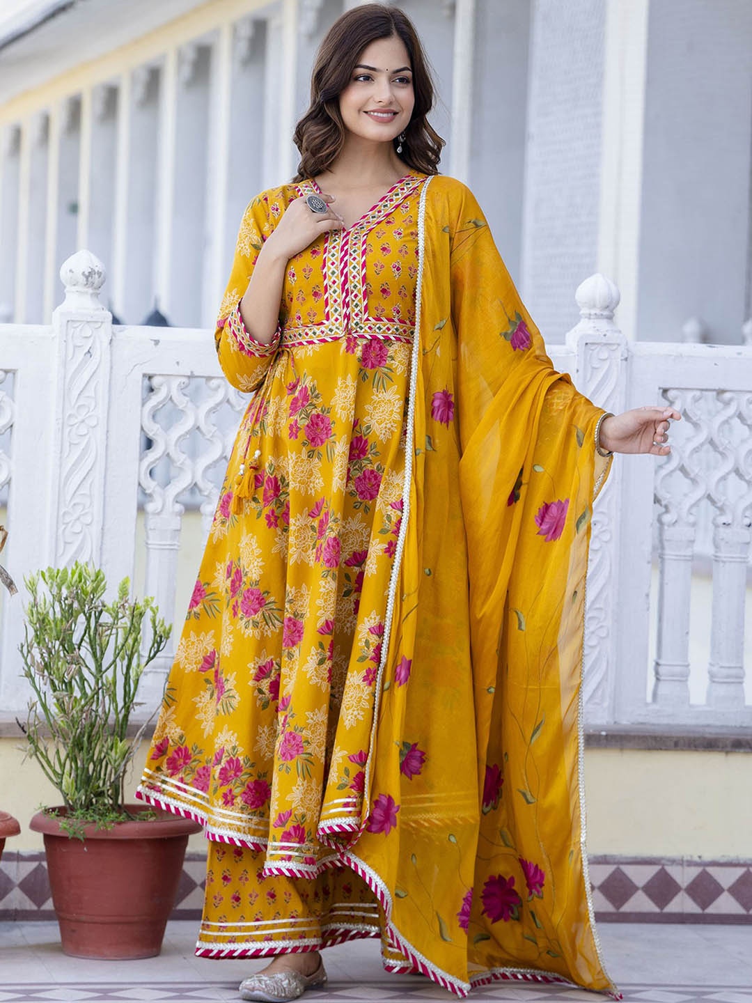 

Anouk Floral Embroidered Empire Pure Cotton Anarkali Kurta with Palazzos & Dupatta, Mustard