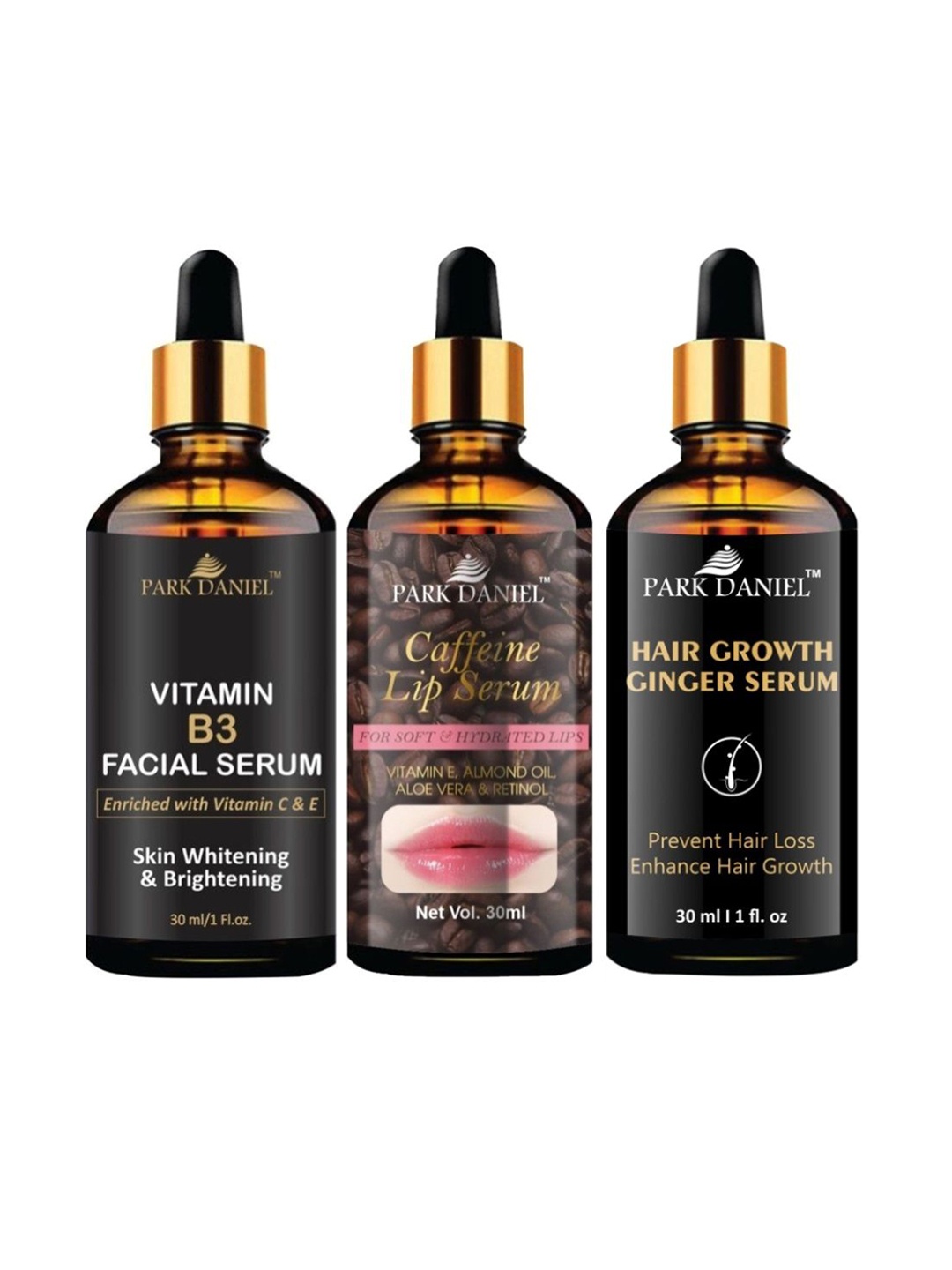 

Park Daniel Set Of 3 Vitamin B3 facial Serum With Hair & Lips Serum Combo - 30 ml Each, Black