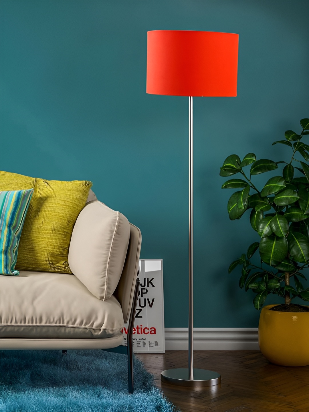 

Devansh Orange Coloured Drum Shade Steel Base Floor Lamp