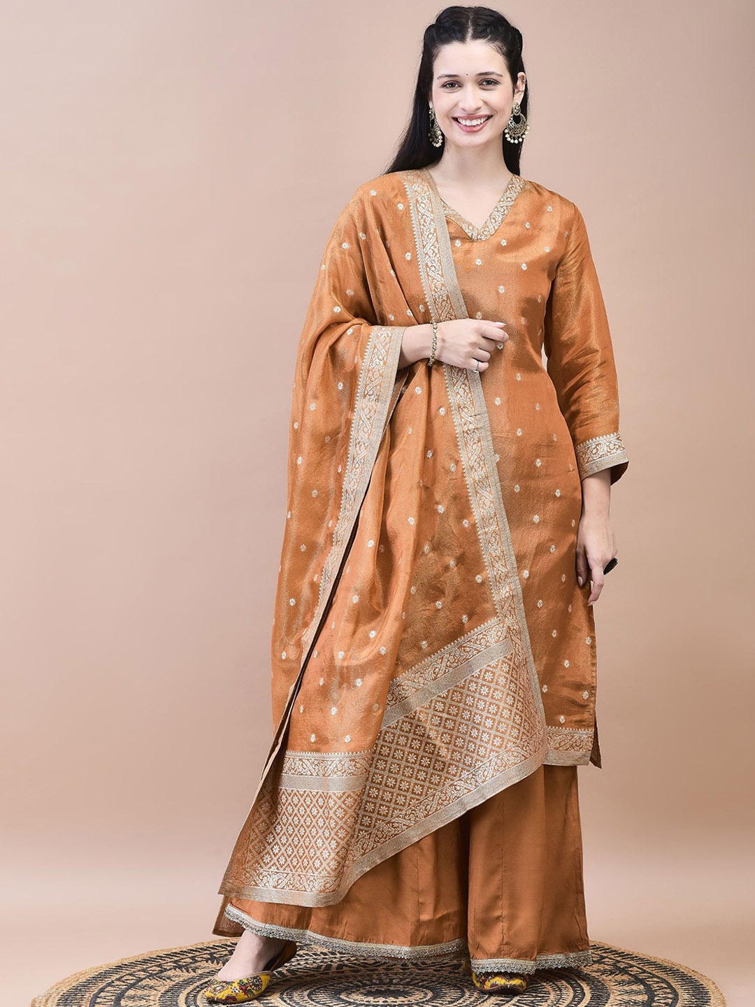 

Shree Floral Woven Design V-Neck Regular Straight Kurta With Sharara With Dupatta, Rust