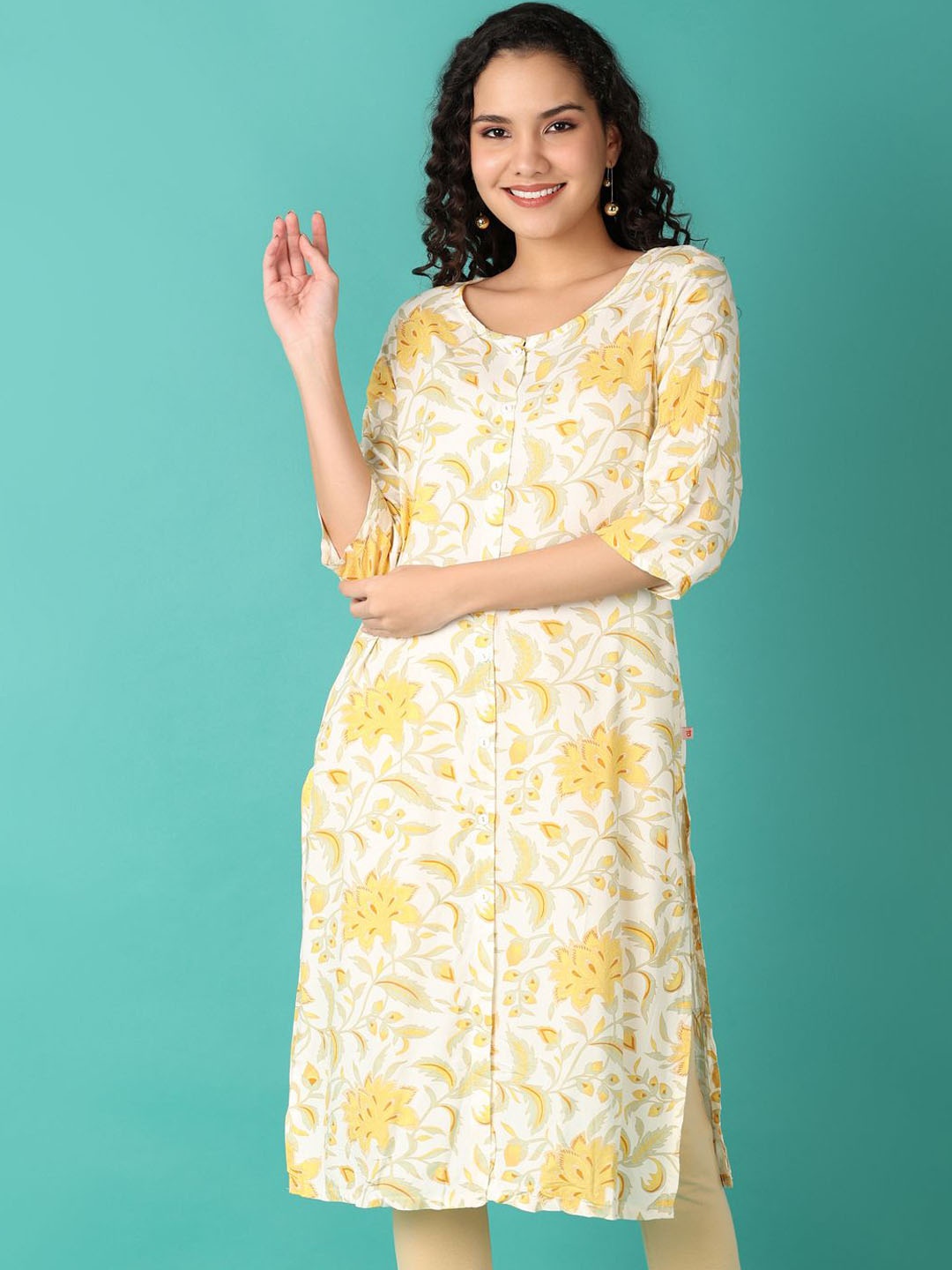 

V-Mart Floral Printed Round Neck Straight Kurta, Off white