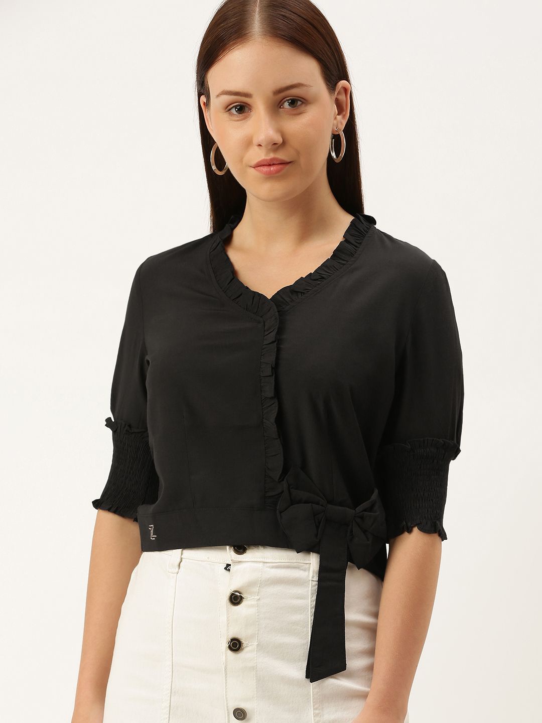 

SHECZZAR Women Puff Sleeve Cotton Crop Top, Black