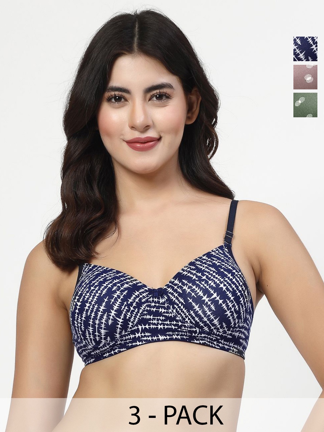 

Docare Women Pack of 3 T-shirt Abstract Printed Full Coverage Seamless Lightly Padded Bra, Green