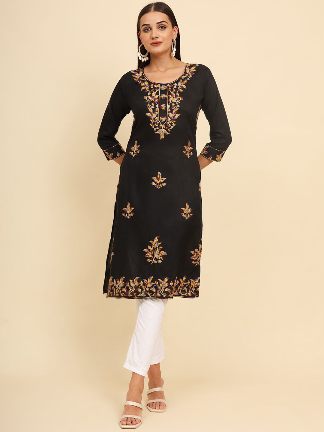 

HERE&NOW Floral Embroidered Cotton Straight Kurta, Black