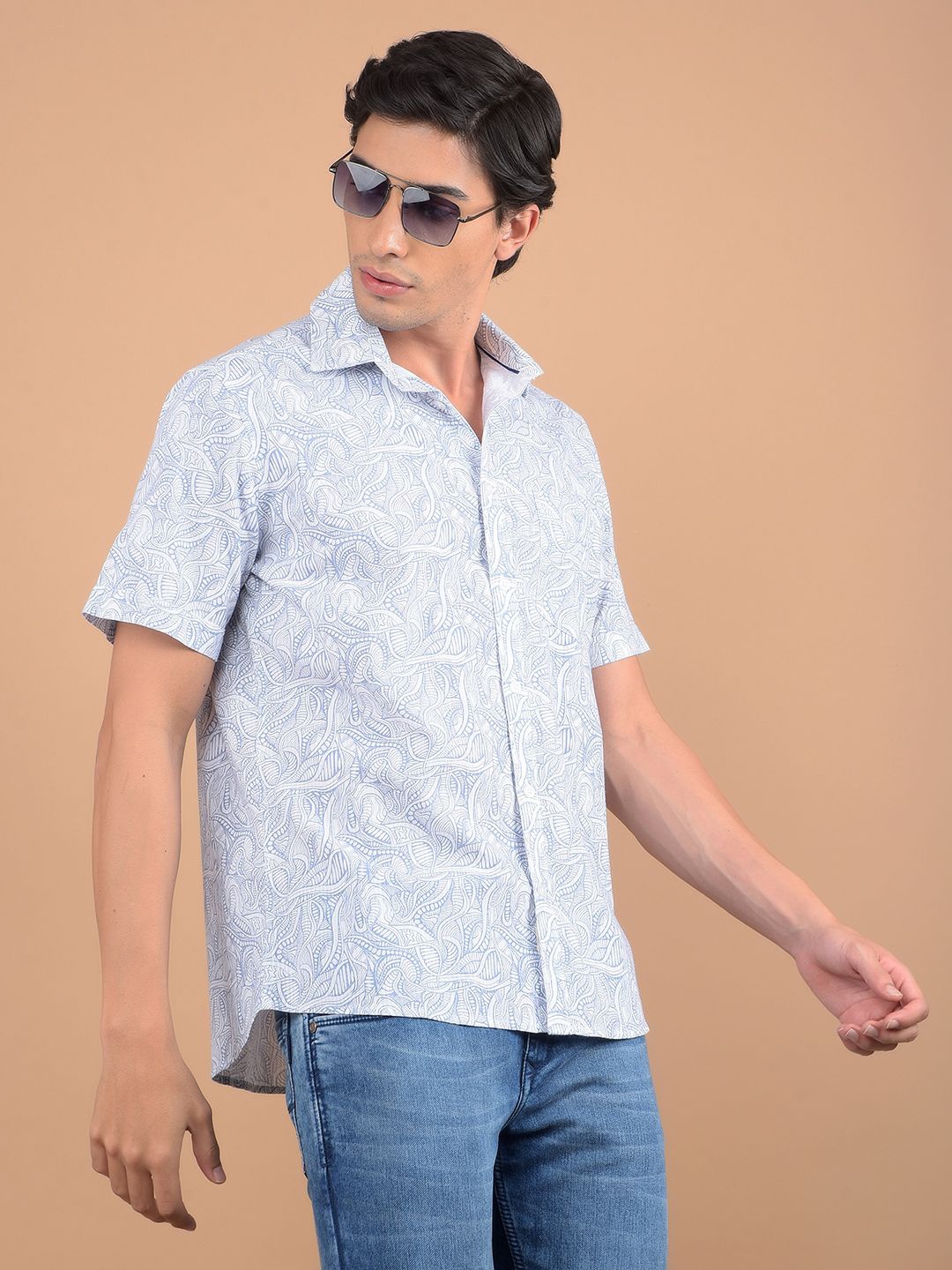 

Crimsoune Club Men Spread Collar Abstract Printed Cotton Casual Shirt, White